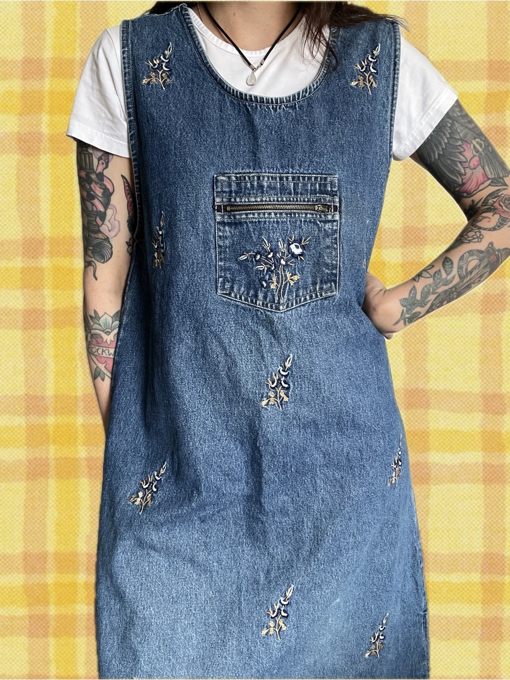 Vintage embroidered denim pinafore maxi dress